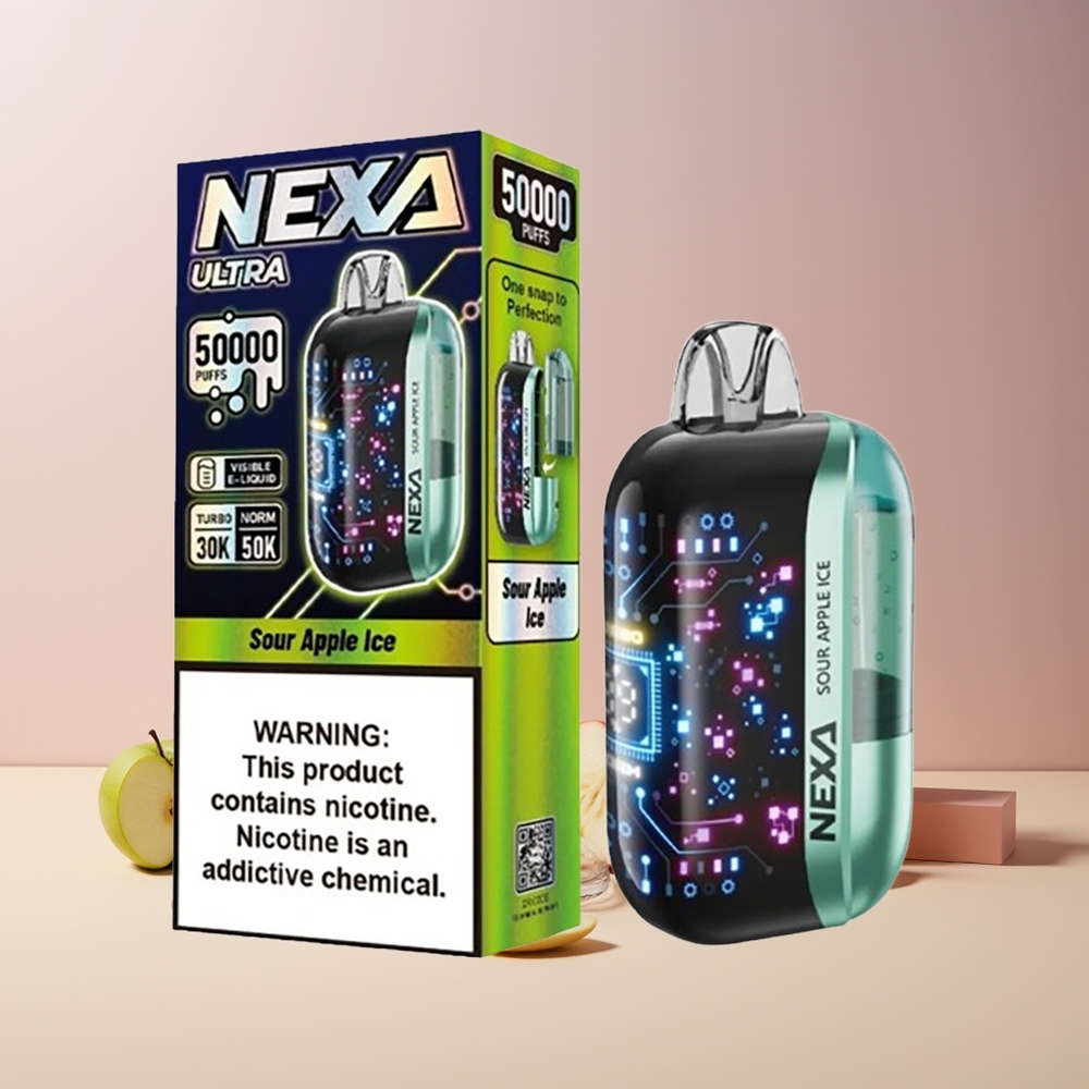 NEXA Ultra 50K Disposable Vape France grossiste - 20ml, 50000 Puffs, 5% Nicotine, Double Mesh 0.9ohm, Écran Courbe 3D, Type-C, Pomme Acidulée Glacée