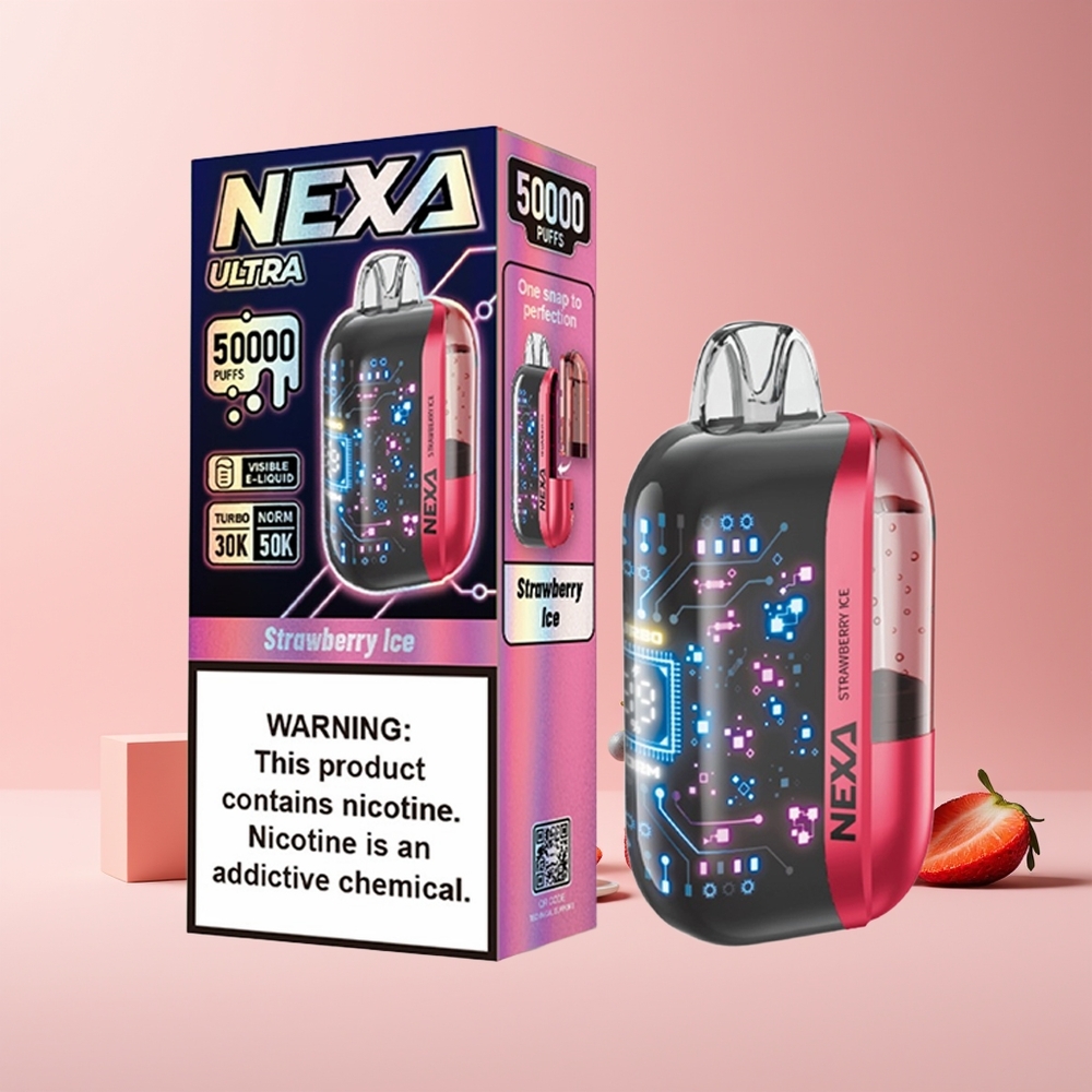 NEXA Ultra 50K Disposable Vape France grossiste - 20ml, 50000 Puffs, 5% Nicotine, Écran Courbé 3D, Fraise Glacée