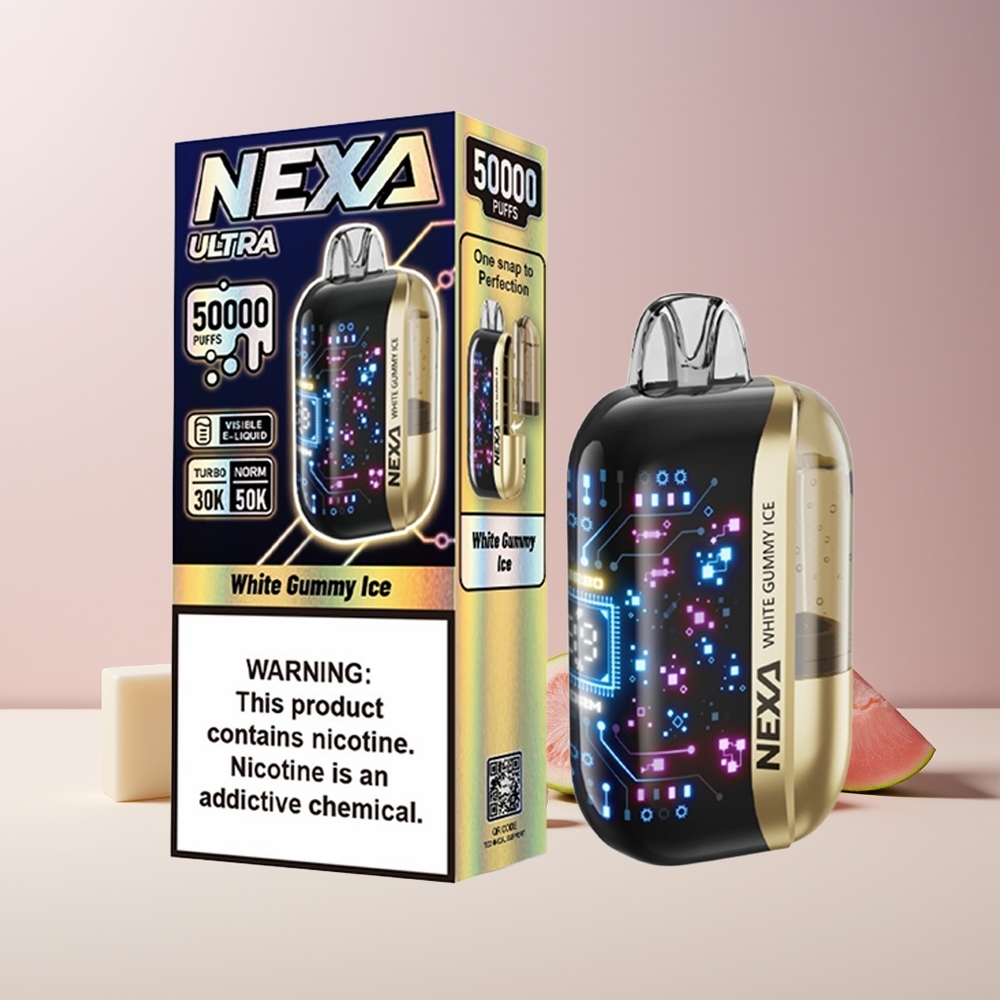 NEXA Ultra 50K Vape Jetable France Grossiste - 20ml, 50000 Bouffées, 5% Nicotine, Écran Courbé 3D, Charge Type-C, Saveur Gummy Blanc Glacé