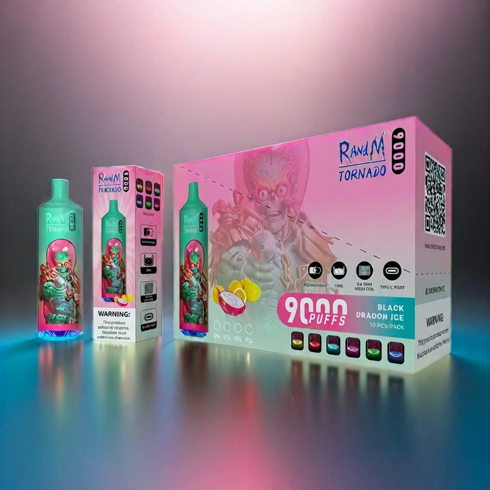 Randm Tornado 9000 Puffs France Grosiste - 18 ml 850 MAH AVEC RECHARAGABLE AFFICH RGB ET BLUE RAZZ KUSH (MESH COIL)