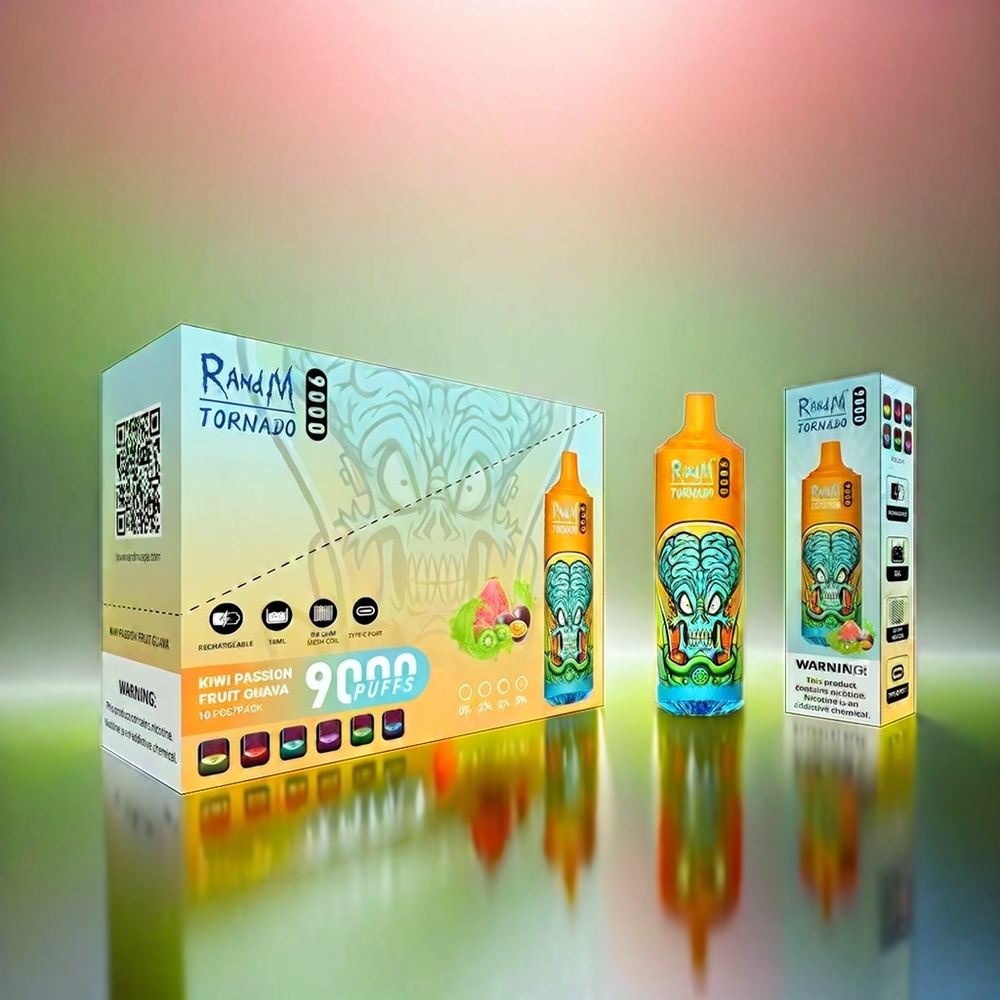 Randm Tornado 9000 Puffs France Grosiste - 18 ml, 850 mAh rechargeable, maillot de bobine, affichage RGB, Saveur Kiwi Fruit de la Passion Goyave