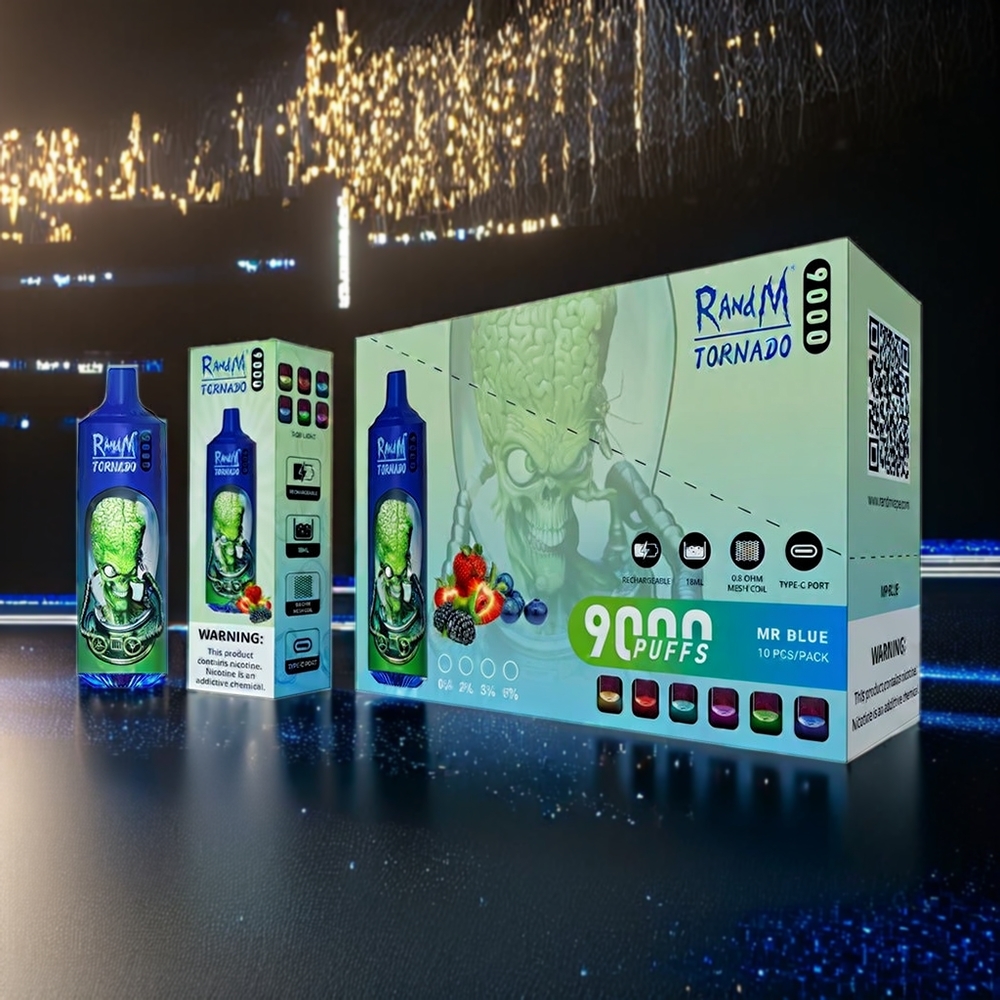 Randm Tornado 9000 Puffs France Grosiste - 850 mAh rechargeable, 18 ml, 54 variés, M. Bleu