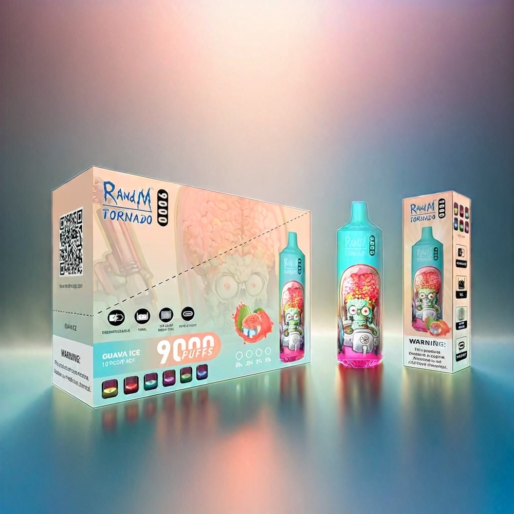 Randm Tornado 9000 Puffs - France Grosiste - 850 mAh rechargeable - 18 ml - Bobine de mailles - Bleu Framboise Aigre