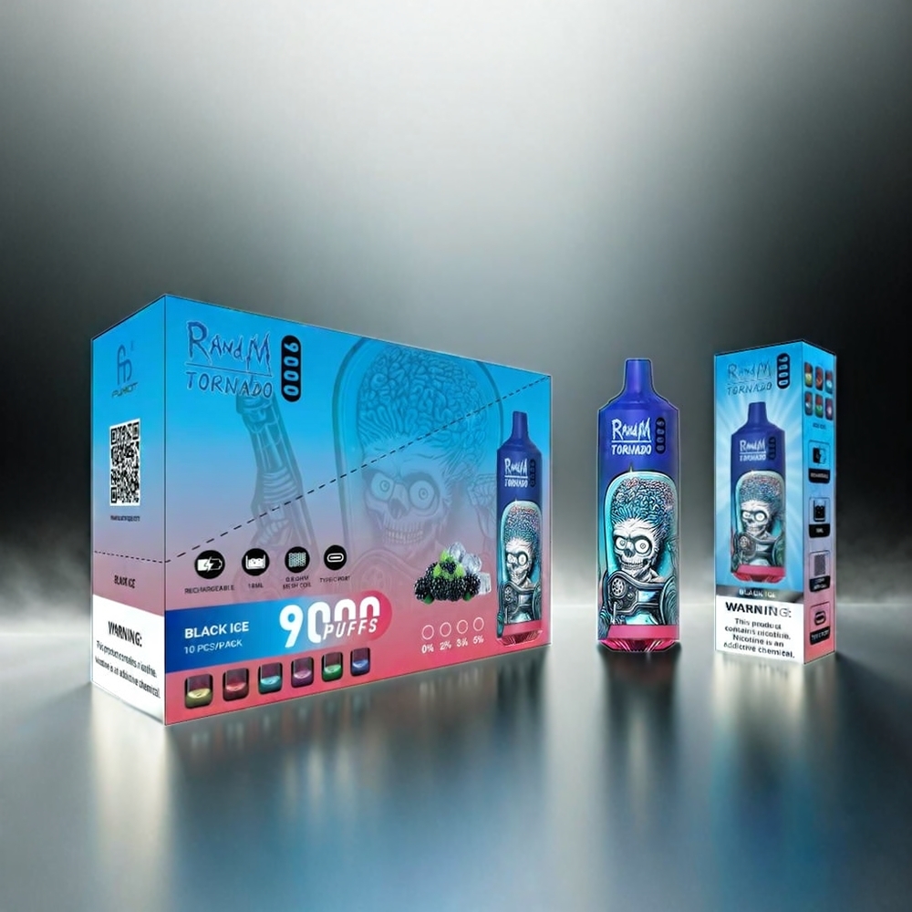 Randm Tornado 9000 Puffs France Grosiste - 850 mAh rechargeable, 18 ml, bobine en maille, Glace noir