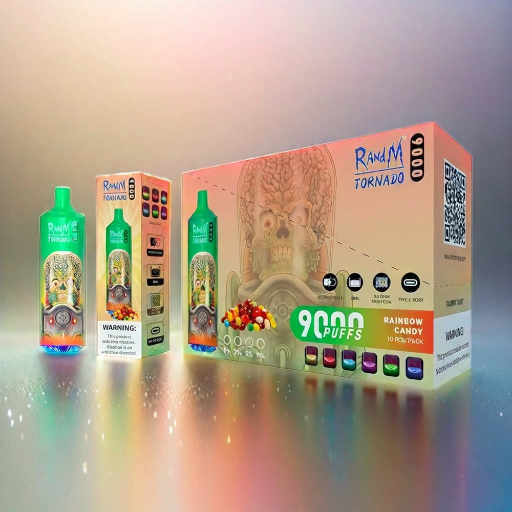 Randm Tornado 9000 Puffs France Grosiste - 850 mAh rechargeable, 18 ml, bobine en mesh, affichage RVB, 54 variétés, bonbon arc-en ciel