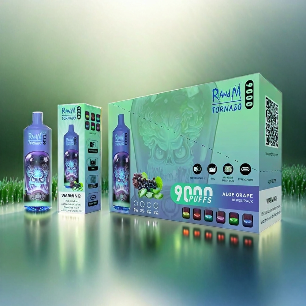 Randm Tornado 9000 Puffs France Grosiste Avec Aloe Raisin, 18 ml, batterie 850 mah rechargeable, affichage RVB