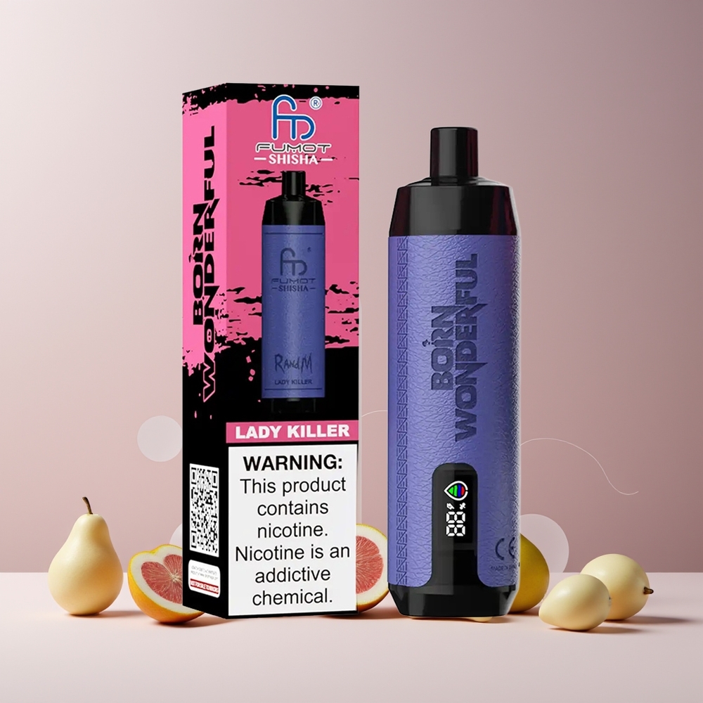 RandM Fumot Shisha 10000 Puffs France Grossiste - 18ml E-Liquide Prérempli, 850 mAh, 0.6ohm Mesh Coil, LED Indicateur, Port Type-C, 0.5% Nicotine, Lady Killer (Tueuse de Cœurs)