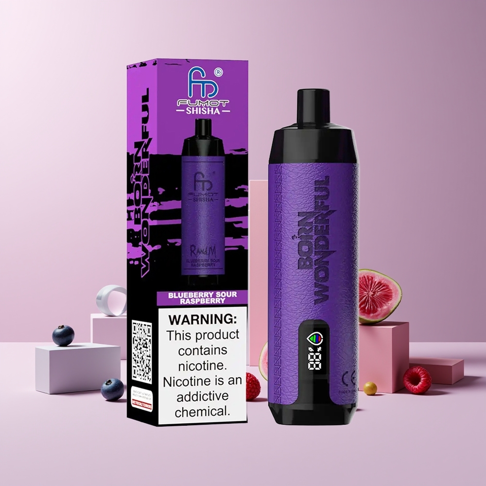 RandM Fumot Shisha 10000 Puffs France Grossiste - E-Liquide Prérempli 18ml, Batterie 850 mAh, 0.6ohm Mesh Coil, Type-C, Myrtille Framboise Acidulée