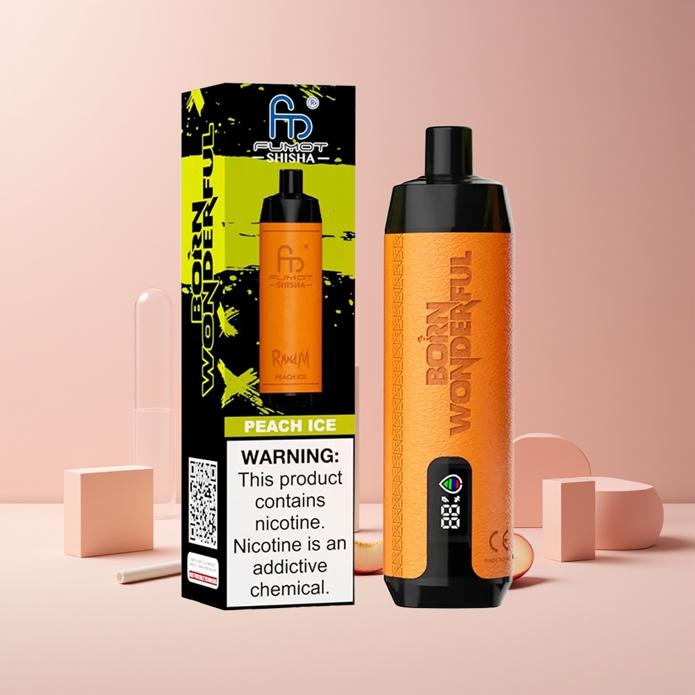 RandM Fumot Shisha 10000 Puffs France grossiste - Dispositif Jetable avec Indicateur LED, 18ml E-liquide Prérempli, Batterie 850 mAh, Glace à la Pêche (Peach Ice)