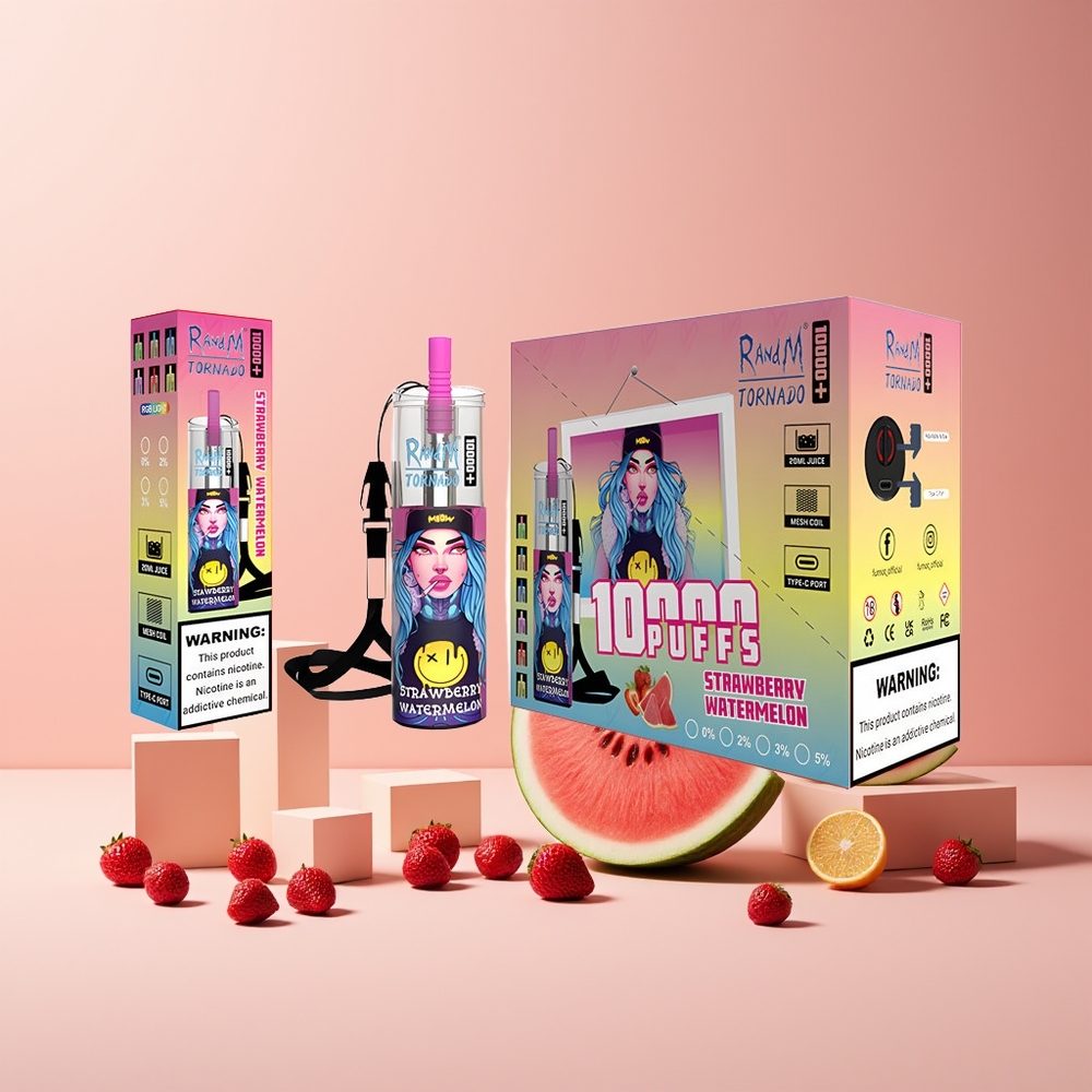 Fumot Original RandM Tornado 10000 Plus Disposable Vape France Grossiste - 20 ml, 850 mAh, Fraise Pastèque, Lumières RGB