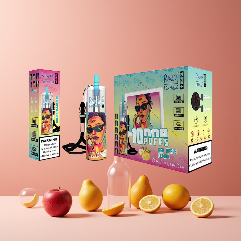 Fumot Original RandM Tornado 10000 Plus Disposable Vape France Grossiste - 20 ml 850 mAh Mesh Coil Type-C RGB - Pomme Rouge Citron