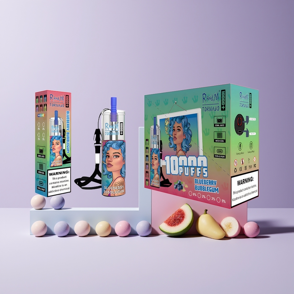 Fumot Original RandM Tornado 10000 Plus France grossiste Disposable Vape 20ml 5% Mesh Coil Type-C RGB Lights Bubblegum Myrtille