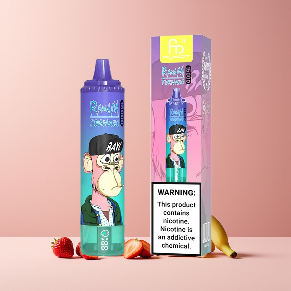RandM Fumot Tornado 15000 Puffs France Grossiste - 25ml, 0.9 Ohm Mesh, USB Type-C, Écran LCD, Fraise Banane