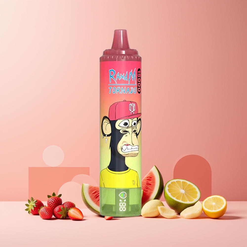 RandM Fumot Tornado 15000 Puffs France Grossiste - 25ml, 850mAh, 0.9 Ohm Mesh, USB Type-C, LCD, Fraise Pastèque Limonade