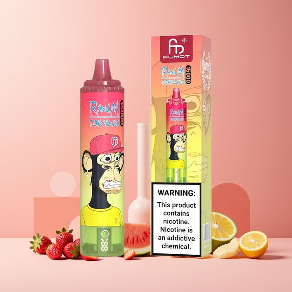 RandM Fumot Tornado 15000 Puffs France Grossiste - 25ml, 850mAh, 0.9 Ohm Mesh, USB Type-C, LCD, Fraise Pastèque Limonade