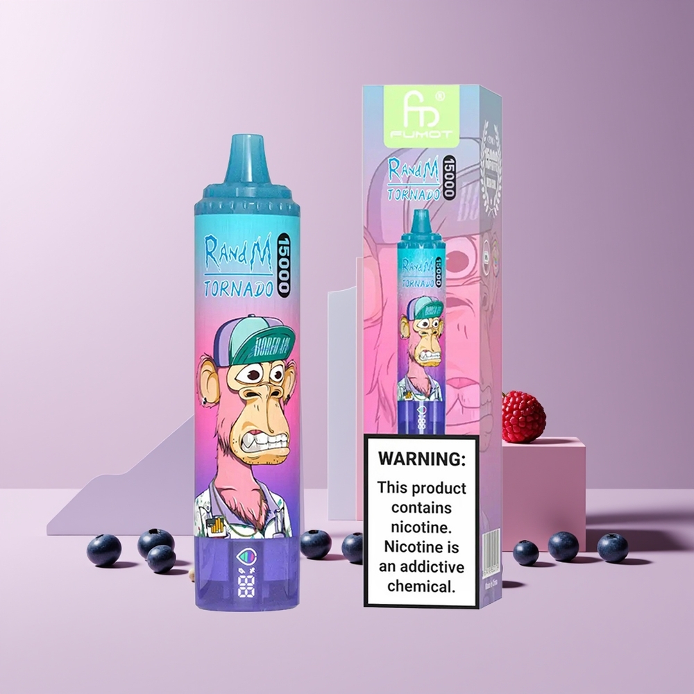 RandM Fumot Tornado 15000 Puffs France Grossiste – 25ml, 850mAh, Ecran LCD, Type-C, Coil Mesh 0.9 Ohm, Myrtille Framboise