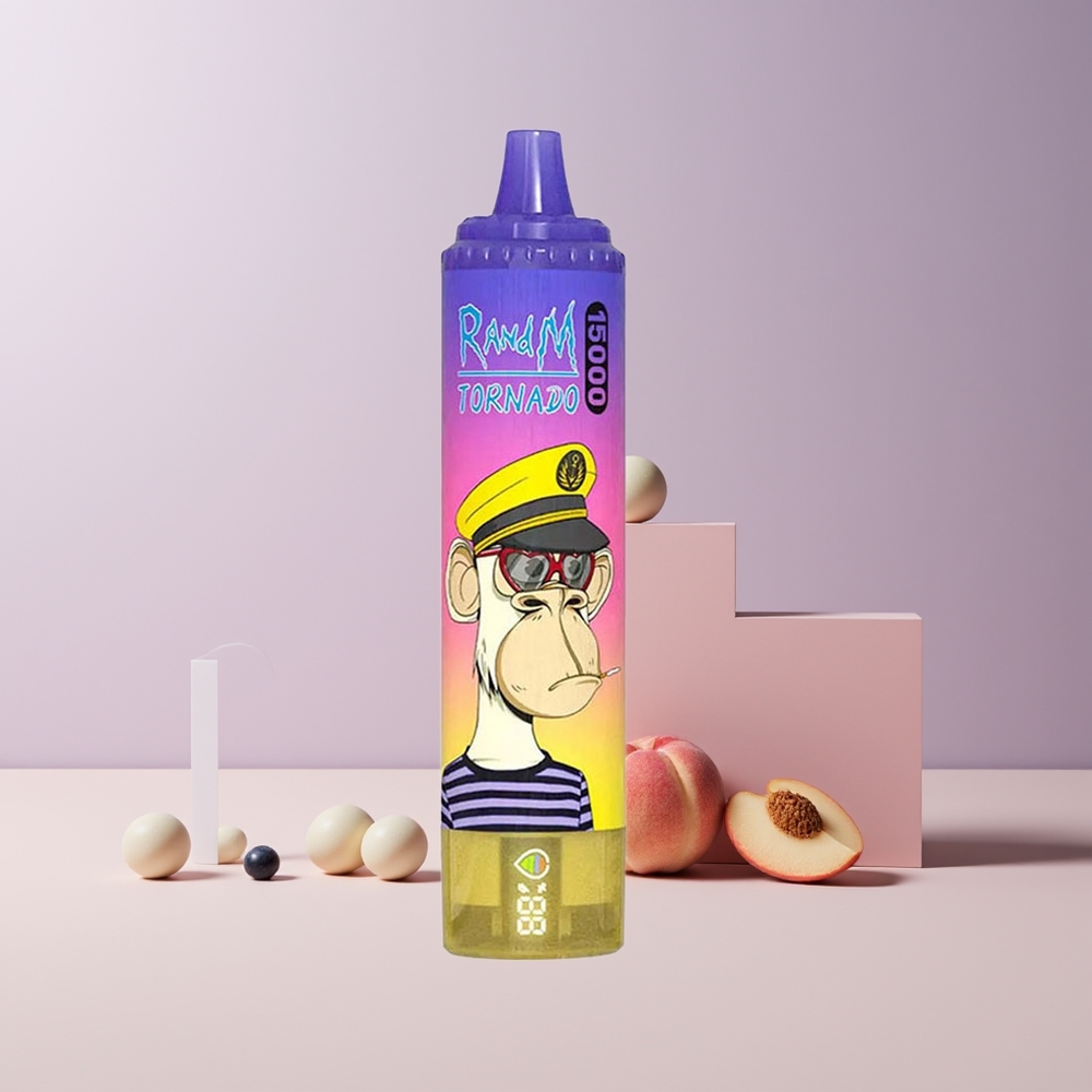 RandM Fumot Tornado 15000 Puffs France Grossiste - 25ml, 850mAh, Type-C, Écran LCD, Coil Mesh 0.9 Ohm, Pêche Myrtille Bonbon