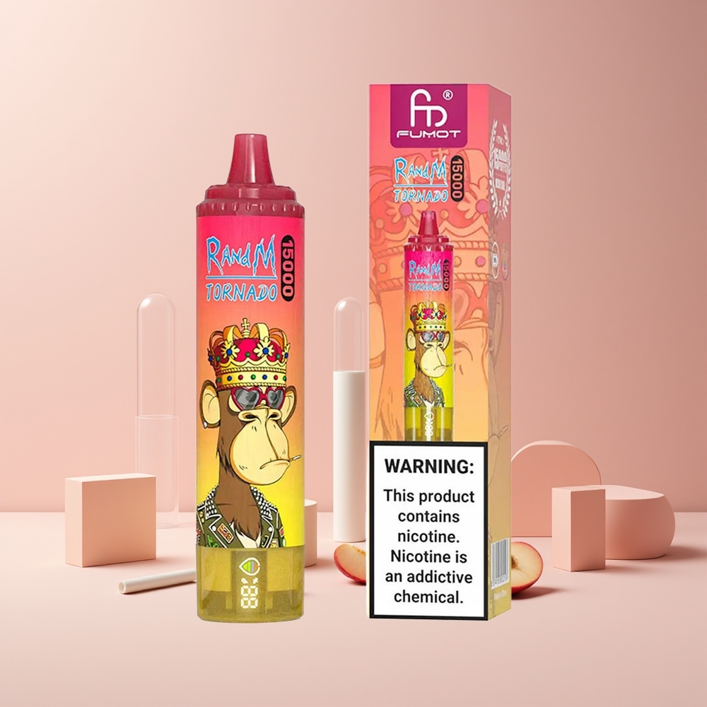 RandM Fumot Tornado 15000 Puffs France Grossiste - 25ml, 850mAh, Écran LCD, Type-C, Coil Mesh 0.9 Ohm, Glace Pêche