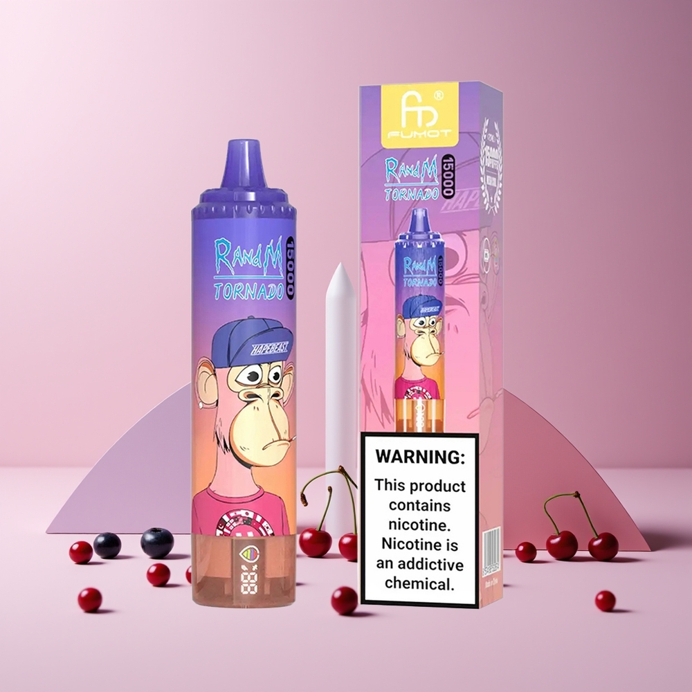 RandM Fumot Tornado 15000 Puffs France Grossiste - 25ml Capacité, 850mAh, Coil Mesh 0.9 Ohm, Écran LCD, Rechargeable Type-C, Saveurs Myrtille Cerise Cranberry