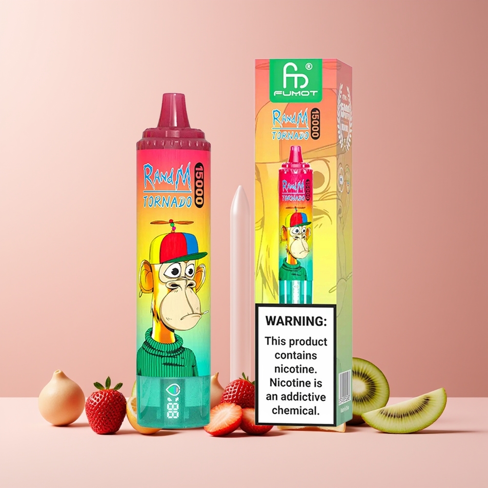 RandM Fumot Tornado 15000 Puffs France Grossiste - Fraise Kiwi, 25ml, 850mAh, Ecran LCD, USB Type-C