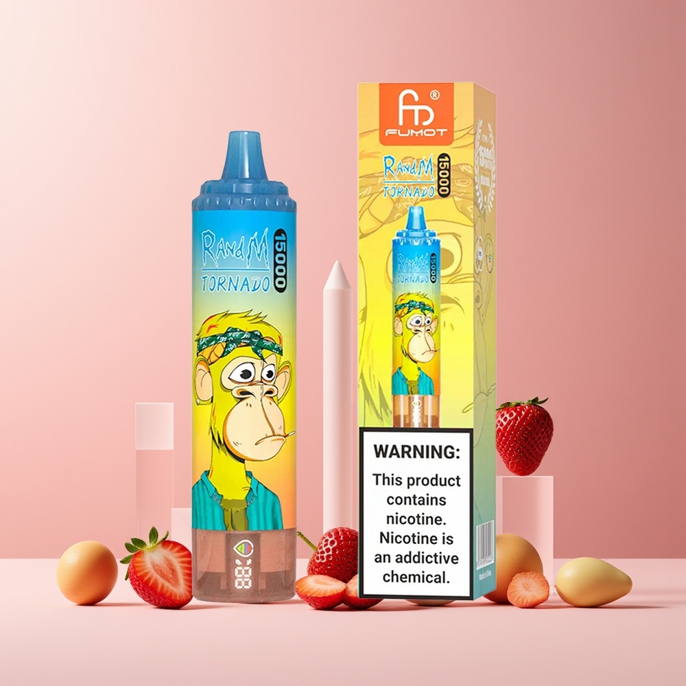 RandM Fumot Tornado 15000 Puffs France grossiste - 25ml, 850mAh, Mesh Coil 0.9 Ohm, Écran LCD, USB Type-C, Fraise
