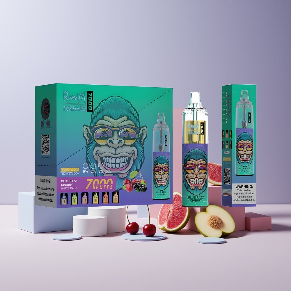 RandM Fumot Tornado 7000 France Grossiste - 14 ML E-liquide, 850 MAH, Bobine Mesh, Port Type-C, Arôme Bleu Framboise Cerise