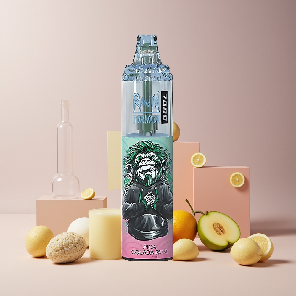 RandM Fumot Tornado 7000 Puffs Disposable Vape France grossiste - 14 ML E-liquide, Batterie 850 MAH, Bobine Mesh, Port Type-C, Lumières RGB, Nicotine 0%,2%,3%,5%, Air-Adjustable, Saveur Piña Colada Rh
