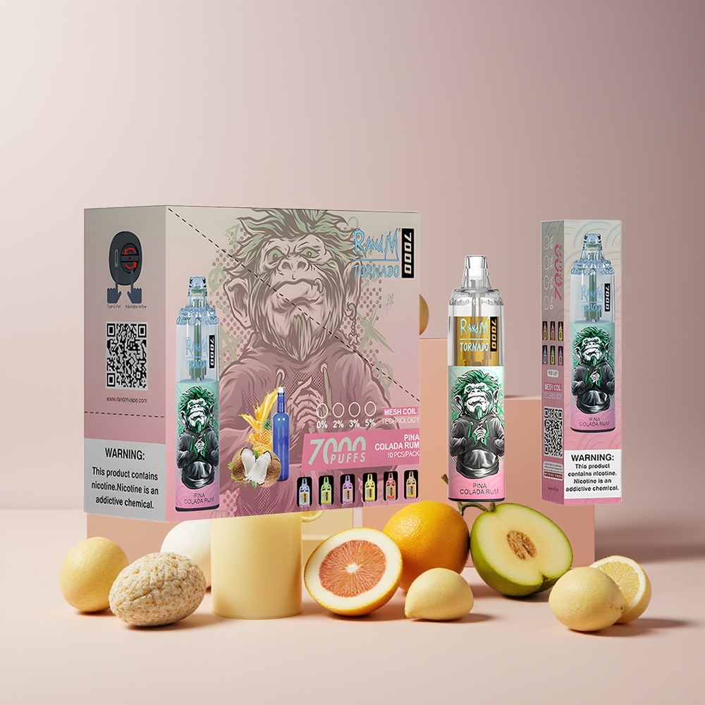 RandM Fumot Tornado 7000 Puffs Disposable Vape France grossiste - 14 ML E-liquide, Batterie 850 MAH, Bobine Mesh, Port Type-C, Lumières RGB, Nicotine 0%,2%,3%,5%, Air-Adjustable, Saveur Piña Colada Rh