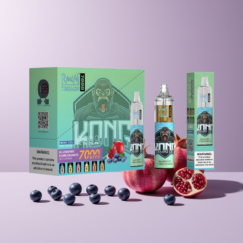 RandM Fumot Tornado 7000 Puffs France Grossiste - 14ML E-liquide, Batterie 850 MAH, Bobine Mesh, Port Type-C, Lumière RGB, Nicotine 0%2%3%5%, Ajustable à l'Air, Saveur Myrtille Grenade