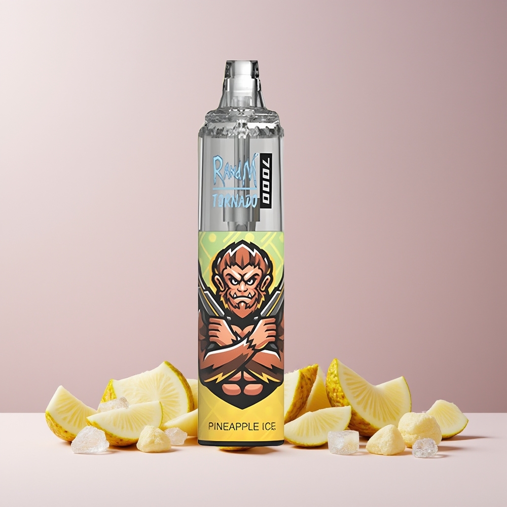 RandM Fumot Tornado 7000 Puffs France Grossiste - 14 ML E-liquid, 850 MAH Batterie, Bobine Mesh, Port Type-C, Ananas Glace