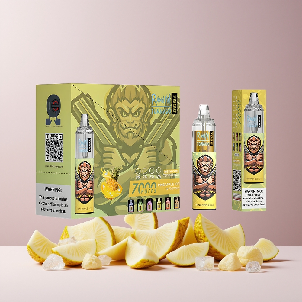 RandM Fumot Tornado 7000 Puffs France Grossiste - 14 ML E-liquid, 850 MAH Batterie, Bobine Mesh, Port Type-C, Ananas Glace
