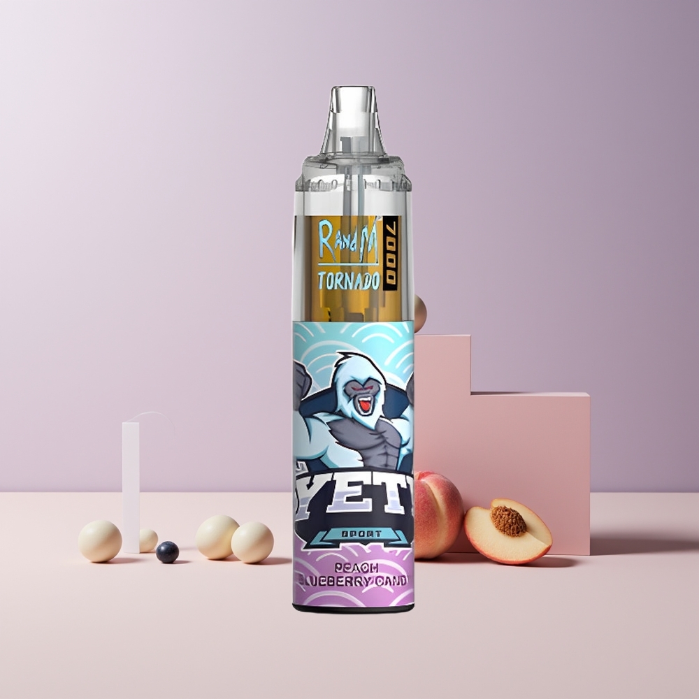 RandM Fumot Tornado 7000 Puffs France Grossiste - 14 ML E-liquide, 850 MAH Batterie, Bobine Mesh, Port Type-C, Lumière RGB, Air-Adjustable, Pêche Myrtille Bonbon (Peach Blueberry Candy)