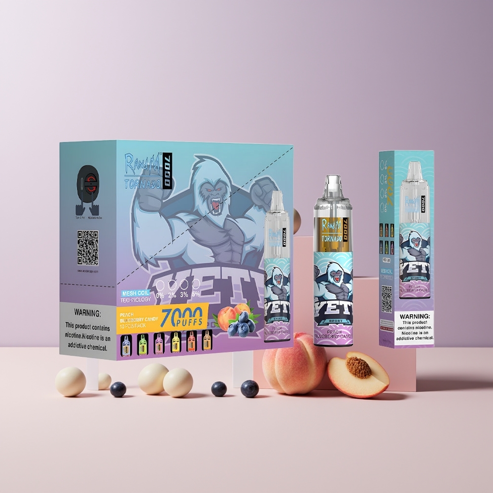 RandM Fumot Tornado 7000 Puffs France Grossiste - 14 ML E-liquide, 850 MAH Batterie, Bobine Mesh, Port Type-C, Lumière RGB, Air-Adjustable, Pêche Myrtille Bonbon (Peach Blueberry Candy)