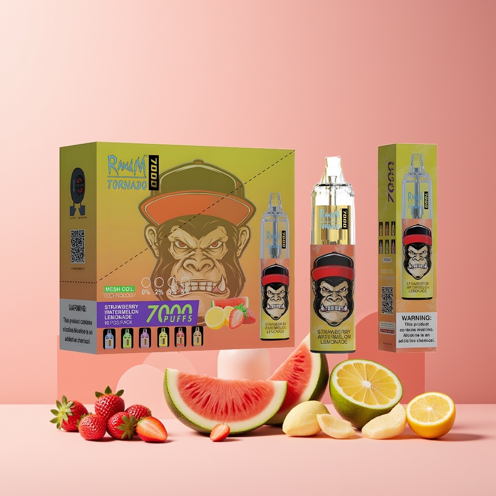 RandM Fumot Tornado 7000 Puffs France Grossiste - 14 ML E-liquide, 850 MAH, Bobine Mesh, Port Type-C, Fraise Pastèque Limonade