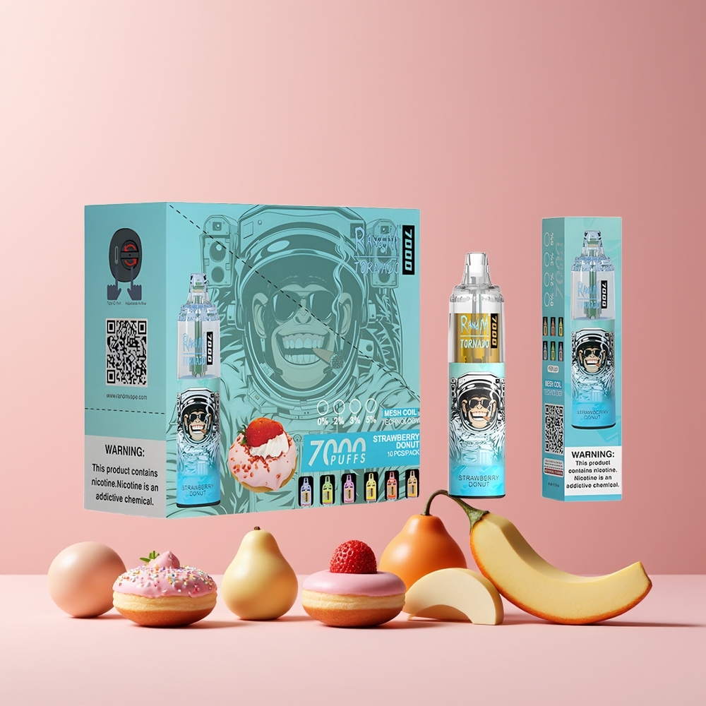 RandM Fumot Tornado 7000 Puffs France Grossiste - 14 ML E-liquide, Batterie 850 MAH, Bobine Mesh, Port Type-C, Fraise Donut