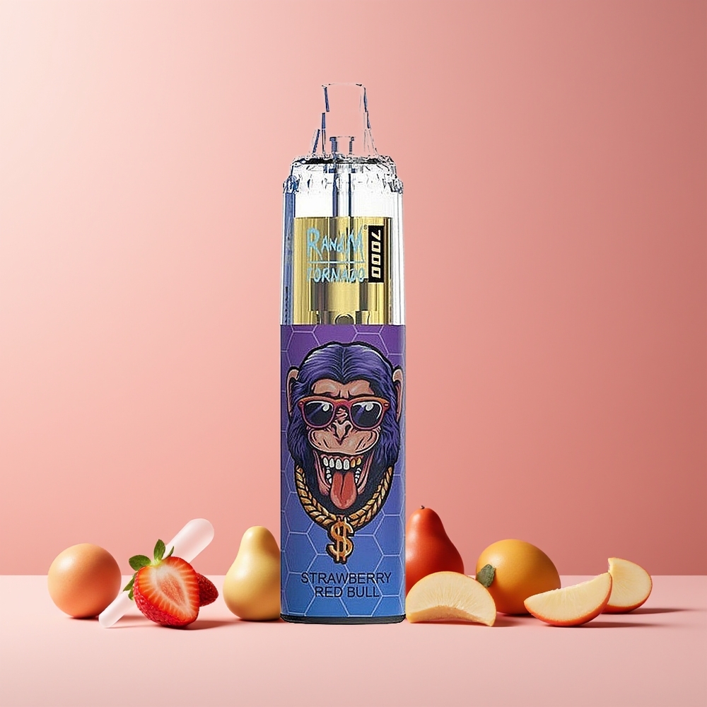 RandM Fumot Tornado 7000 Puffs France Grossiste - 14 ML E-liquide, Batterie 850 MAH, Bobine Mesh, Port Type-C, Fraise Red Bull