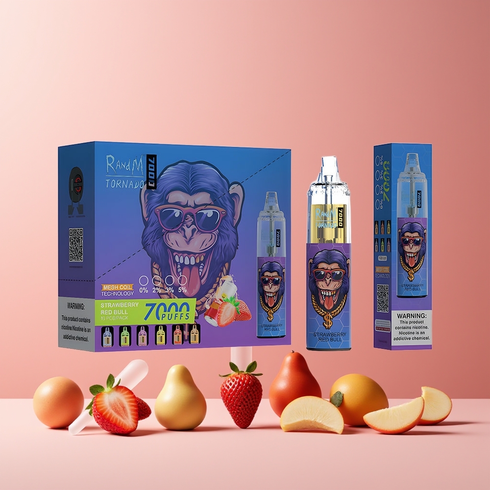 RandM Fumot Tornado 7000 Puffs France Grossiste - 14 ML E-liquide, Batterie 850 MAH, Bobine Mesh, Port Type-C, Fraise Red Bull