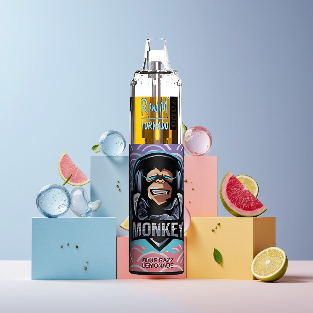 RandM Fumot Tornado 7000 Puffs France Grossiste - 14 ML E-liquide, Batterie 850 MAH, Bobine Mesh, Port Type-C, Lumière RGB, Air-Adjustable, Bleu Framboise Citronné