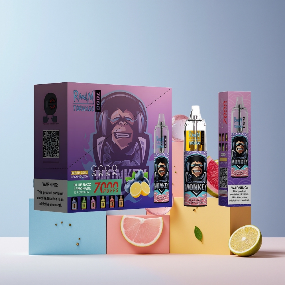 RandM Fumot Tornado 7000 Puffs France Grossiste - 14 ML E-liquide, Batterie 850 MAH, Bobine Mesh, Port Type-C, Lumière RGB, Air-Adjustable, Bleu Framboise Citronné