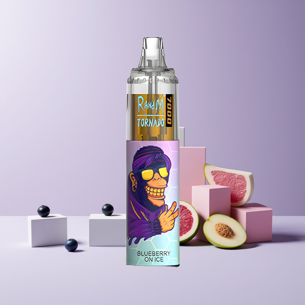 RandM Fumot Tornado 7000 Puffs France Grossiste - 14 ML E-liquide, Batterie 850 MAH, Bobine Mesh, Port Type-C, Lumière RGB, Air-Adjustable, Myrtille Glacée