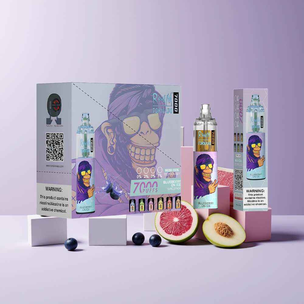 RandM Fumot Tornado 7000 Puffs France Grossiste - 14 ML E-liquide, Batterie 850 MAH, Bobine Mesh, Port Type-C, Lumière RGB, Air-Adjustable, Myrtille Glacée