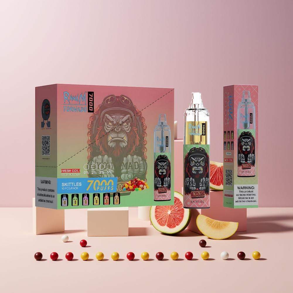 RandM Fumot Tornado 7000 Puffs France Grossiste - 14 ML E-liquide, Batterie 850 MAH, Bobine Mesh, Port Type-C, Lumière RGB, Nicotine 0%-5%, Arcs-en-Ciel