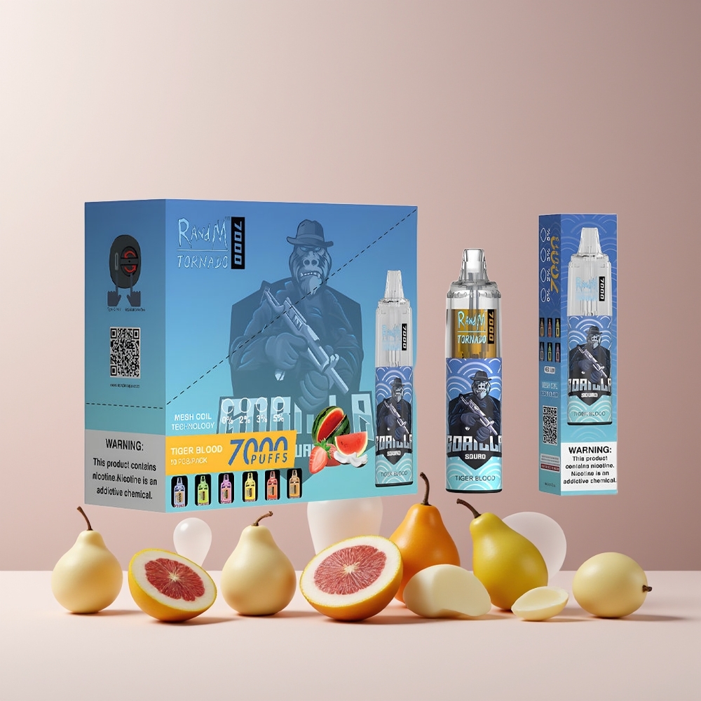 RandM Fumot Tornado 7000 Puffs France Grossiste - 14 ML E-liquide, Batterie 850 MAH, Bobine Mesh, Port Type-C, Lumières RGB, Sang de Tigre (Tiger Blood)
