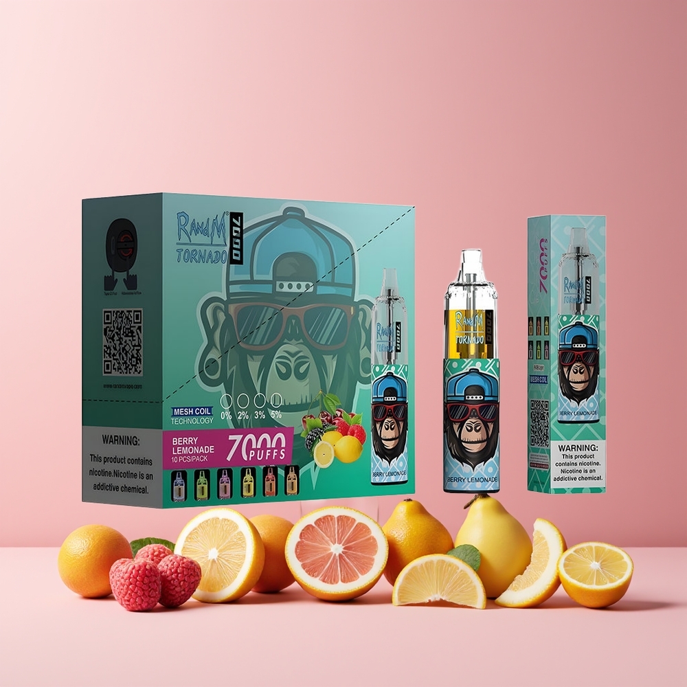 RandM Fumot Tornado 7000 Puffs France Grossiste - 14 ML E-liquide, Batterie 850 MAH, Bobine Mesh, Saveur Baie Citronnade