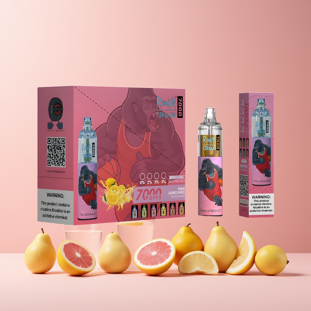 RandM Fumot Tornado 7000 Puffs France Grossiste - 14 ML E-liquide, Batterie 850 MAH, Coil Mesh, Citronnade Rose (Pink Lemonade)