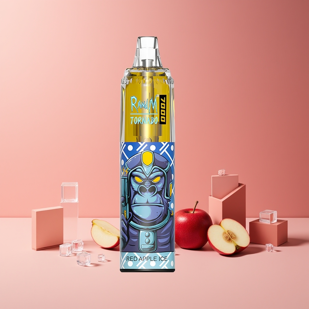 RandM Fumot Tornado 7000 Puffs France Grossiste - 14 ML E-liquide, Batterie 850 MAH, Coil Mesh, Port Type-C, Lumière RGB, Nicotine 0%-5%, Air-Adjustable, Pomme Rouge Glacée