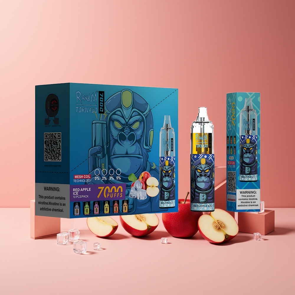 RandM Fumot Tornado 7000 Puffs France Grossiste - 14 ML E-liquide, Batterie 850 MAH, Coil Mesh, Port Type-C, Lumière RGB, Nicotine 0%-5%, Air-Adjustable, Pomme Rouge Glacée