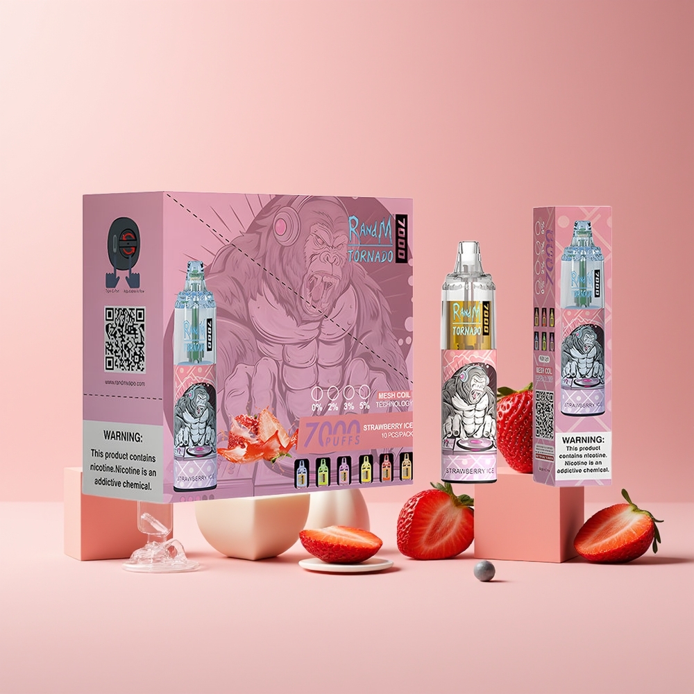 RandM Fumot Tornado 7000 Puffs France Grossiste - 14 ML E-liquide, Batterie 850 MAH, Glace à la Fraise (Strawberry Ice), Air-Adjustable