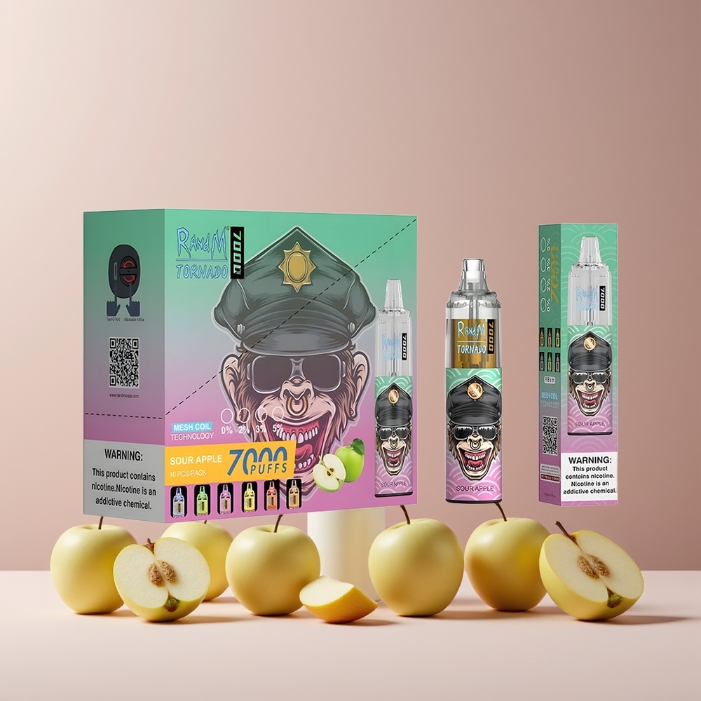RandM Fumot Tornado 7000 Puffs France Grossiste - Dispositif Jetable 14 ML E-liquide, 850 MAH, Coil Mesh, Type-C, Lumière RGB, Nicotine 0%-5%, Pomme Acidulée, Air-Adjustable