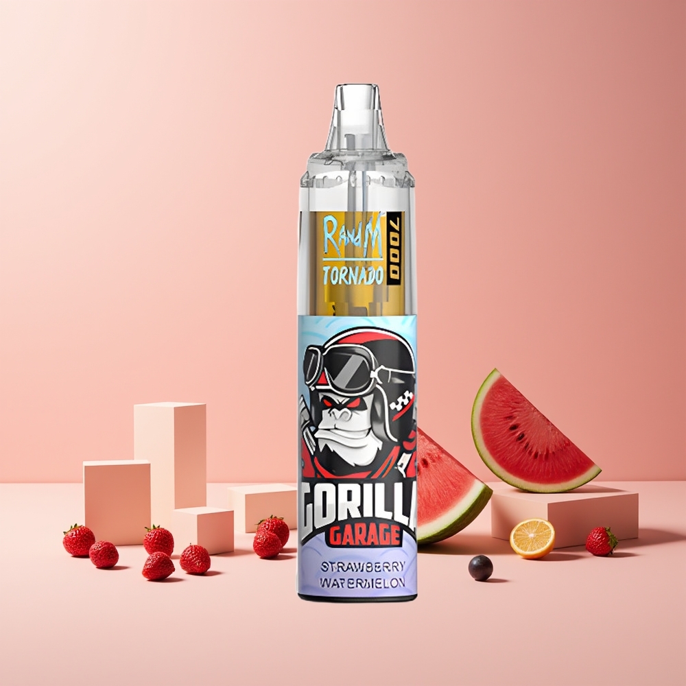 RandM Fumot Tornado 7000 Puffs France Grossiste - Dispositif Jetable 14 ML E-liquide, Batterie 850 MAH, Coil Mesh, Port Type-C, Ajustement d'Air, Fraise Pastèque (Strawberry Watermelon)